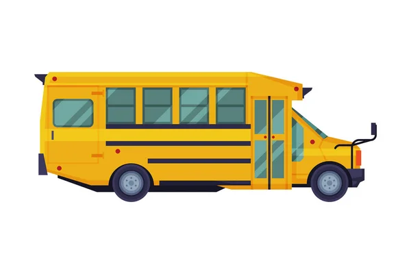 Vue latérale de l'autobus scolaire jaune, véhicule classique de transport des élèves Illustration vectorielle plate isolé sur fond blanc — Image vectorielle