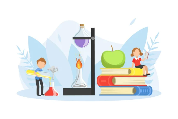 Kids Studying with Huge School Supplies, Boy and Girl at Chemistry Lesson Vector Illustration — Stock Vector