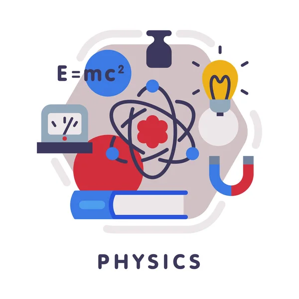 Ícone do assunto da escola de Física, Disciplina de Educação e Ciência com Elementos Relacionados Ilustração vetorial de estilo plano — Vetor de Stock