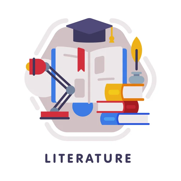 Literature School Subject Icon, Education and Science Discipline with Related Elements Flat Style Vector Illustration — Stock Vector