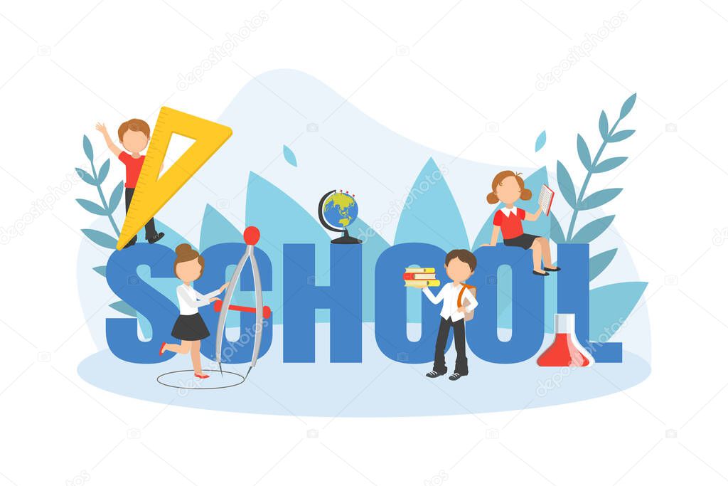 School Big Word with Kids Studying with Huge School Supplies, Back to School Concept Vector Illustration