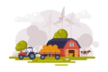 Kızıl Ahırlı Çiftlik Sahnesi, Rüzgar Türbini ve Traktör, Yaz Kırsal Arazi, Tarım ve Tarım Konsepti Çizgi Filmi Vektör İllüstrasyonu