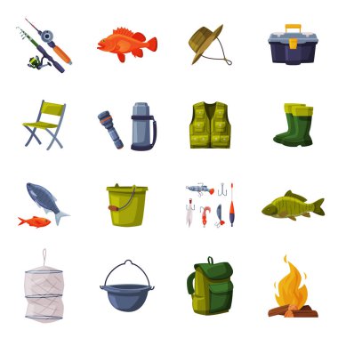 Balıkçılık malzemeleri takımı, olta kamışı, sırt çantası, yelek, termos, el feneri, kova, şenlik ateşi, lastik bot çizmeleri vektör çizimi