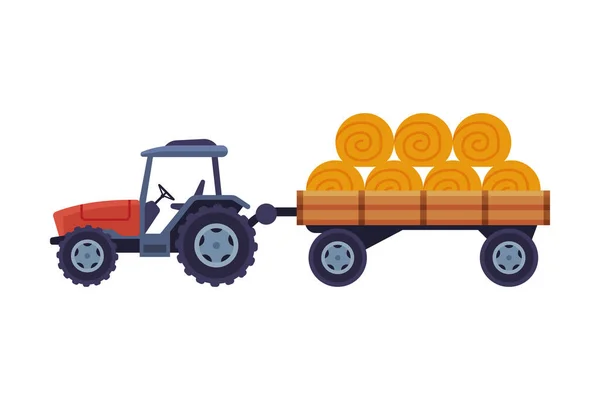 Tractor with Hay Bales in Cart Agricultural Machinery Cartoon Vector Illustration on White Background — Stock Vector