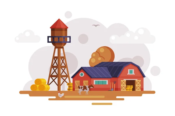 Cena da Fazenda com Celeiro Vermelho e Torre de Água de Madeira no Outono Paisagem Rural, Agricultura e Conceito Agrícola Cartoon Vector Ilustração — Vetor de Stock