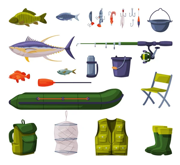 Fishing Equipment Set, Fishing Tools, Apparel, Boat, Accessories Cartoon Vector Illustration — Stock Vector