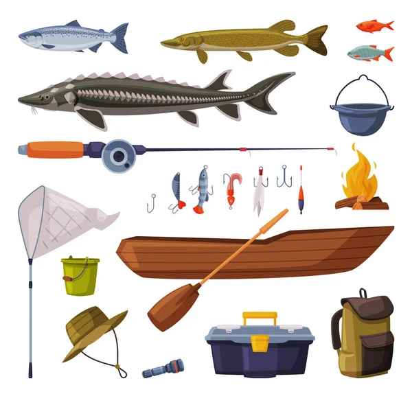 Conjunto de equipamentos de pesca, Peixes de água doce, Ferramentas de pesca, Vestuário, Barco, Acessórios Desenhos animados Vector Ilustração — Vetor de Stock