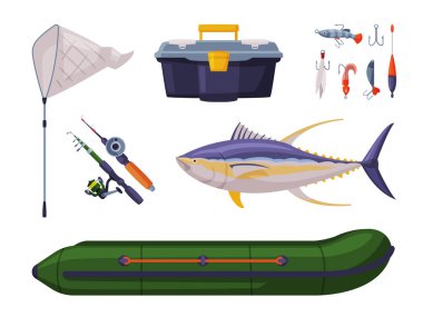 Ton Balığı Aletleri, Balıkçılık Çubuğu, Şişme Tekne, Ağ ve Alet Çizgi Filmi Vektör Resimleri