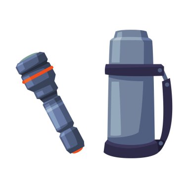 Termos ve El Feneri, Açık Hava Etkinlik Ekipmanı Çizgi Film Vektör Resimleri