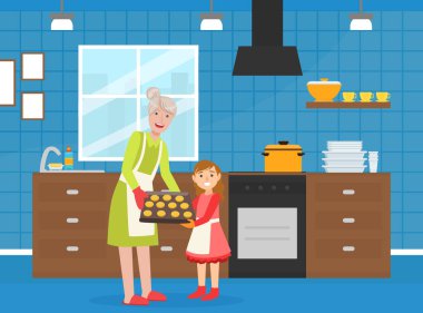 Büyükannesi torunuyla kurabiye pişiriyordu. Yaşlı kadın torunuyla evde vakit geçiriyordu. Kız haftasonu çizgi film vektör ilülasyonu için büyükannesiyle kalıyordu.