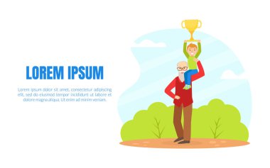 Mutlu Çocuk Büyükbabayla Zaferi Kutluyor, Çocuk Tutma Kupası Büyükbaba Omuz Çizgi Filmi Vektör İllüstrasyonunda otururken