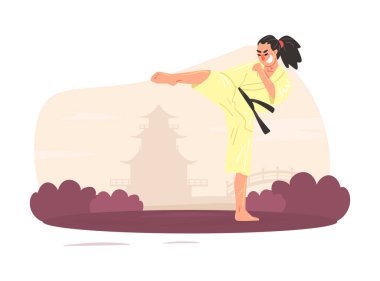 Asyalı Adam Dövüş Sanatları Karakteri Kimono Giyiyor Açık havada yüksek tekme atan Çizgi Film Çizgi Filmi Resimleri