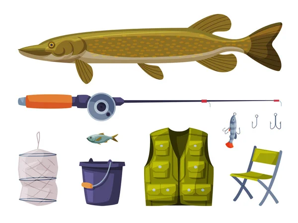 Set attrezzatura da pesca, Pesce luccio, Asta, Abbigliamento, Sedia pieghevole, Rete cilindrica, Illustrazione vettoriale del fumetto della benna — Vettoriale Stock