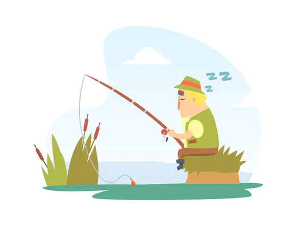 Fisherman Snoozing Snoozing Sitting on Lake Shore with Fishing Rod Cartoon Vector Illustration - Stok Vektor