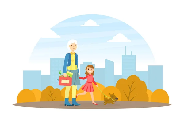 Grandmother Walking with her Granddaughter in Park, Elderly Woman Spending Time with her Grandchild, Girl Stayed with her Grandma for Weekend Cartoon Vector Illustration — Stock Vector