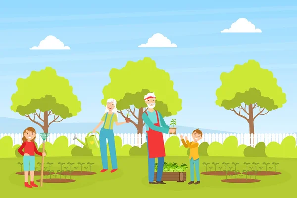 Abuelos y niños trabajando juntos en el jardín, nietos ayudando a su abuelo y abuela ilustración vectorial de dibujos animados — Vector de stock