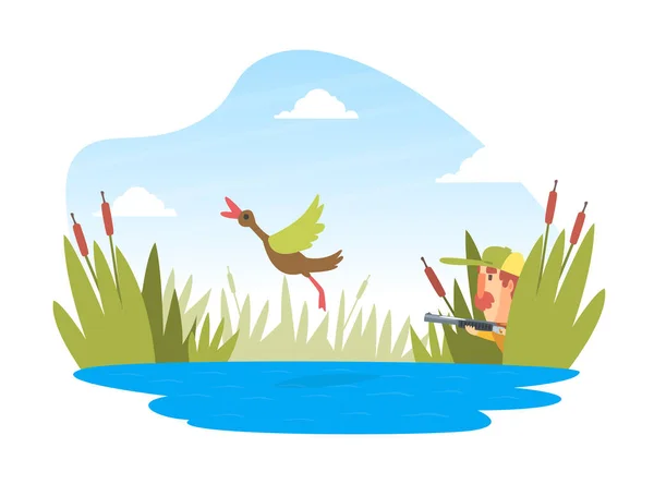 Man Hunter with Shotgun Hunting Ducks in Ambush, Funny Hunter Character Wearing Khaki Clothes and Hat with Rifle Cartoon Vector Illustration — Stockový vektor