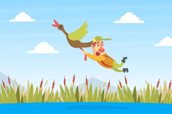 Funny Man Hunter postava létání s kachní pták karikatura vektorové ilustrace — Stockový vektor