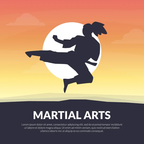 Martial Arts Banner Template, Karate, Judo, Taekwondo, Aikido School Design, Asian Martial Art Fighter at Sunset Vector Illustration — Stock Vector