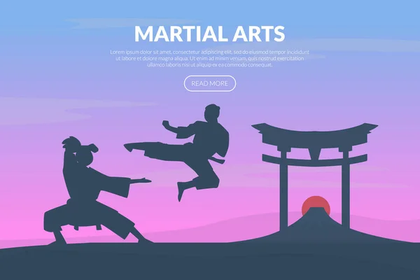 Martial Arts Banner Template with Asian Fighters, Karate, Judo, Taekwondo, Aikido School Website, Homepage Design Vector Illustration — Stock Vector