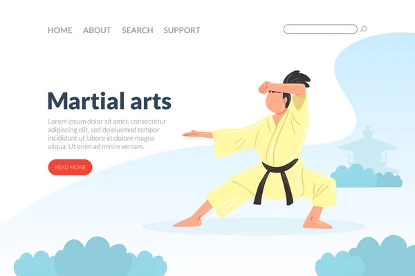 Martial Arts Landing Page Template, Karate, Judo, Taekwondo, Aikido School Website, Homepage Design, Asian Martial Art Fighters Cartoon Vector Illustration — Stock Vector