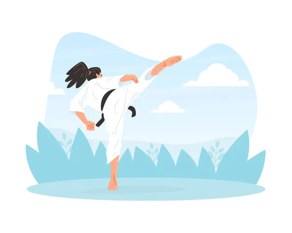 Personagem de lutador de arte marcial masculino vestindo branco Kimono realizando alto chute ao ar livre Cartoon Vector Ilustração — Vetor de Stock