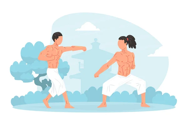 Two Strong Muscular Asian Men Martial Art Fighters Training Outdoors Cartoon Vector Illustration — Stock Vector