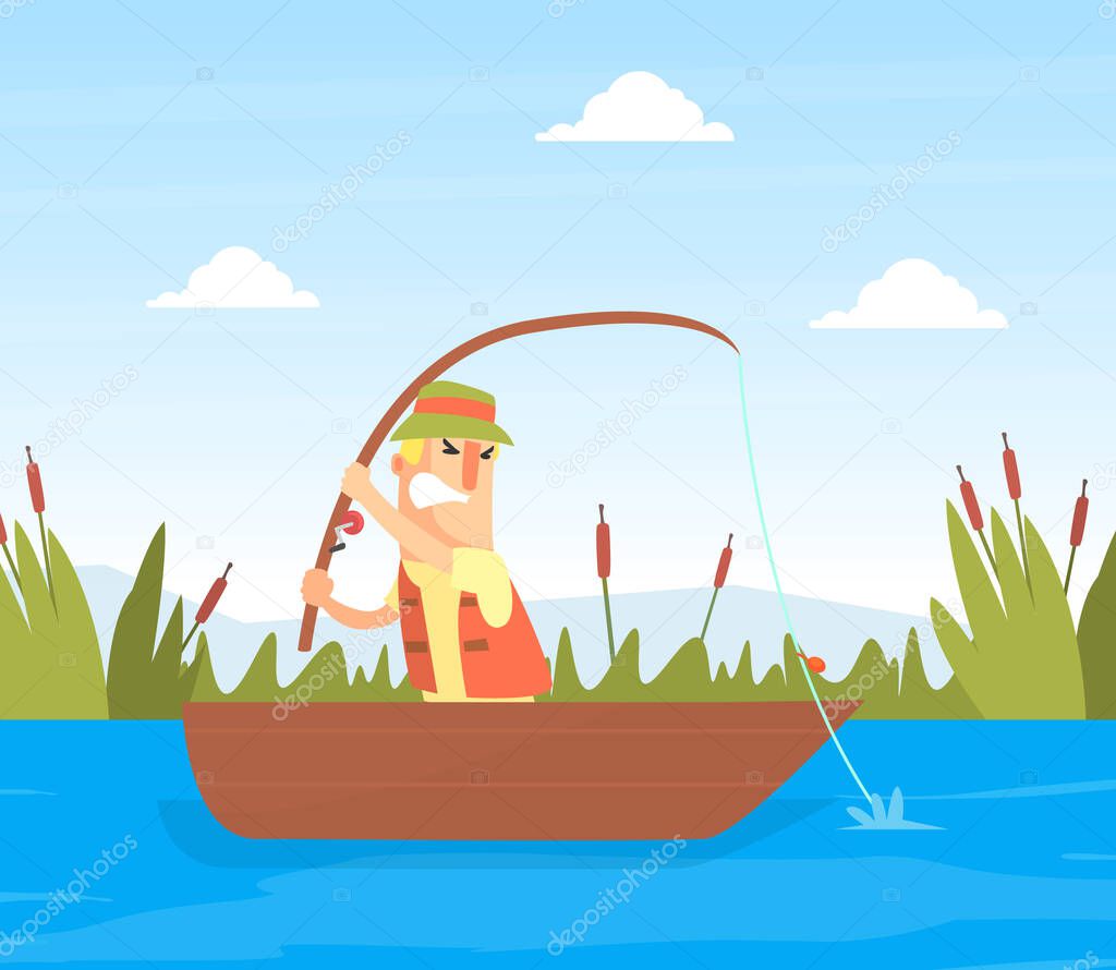 Fisherman Character Catching Fish with Rod on Lake from Wooden Boat on Summer Natural Landscape Cartoon Vector Illustration