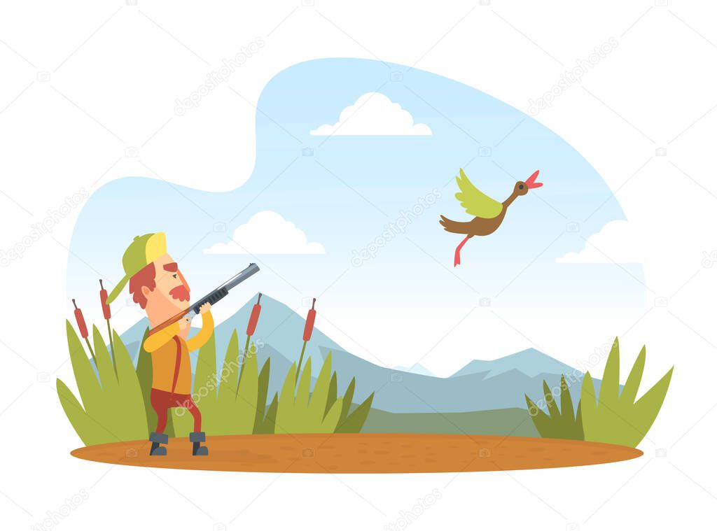 Man Hunter with Shotgun Hunting Duck, Funny Hunter Character Wearing Khaki Clothes and Hat with Rifle Cartoon Vector Illustration