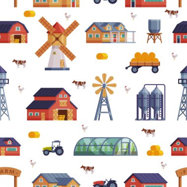 Çiftlikle İlgili Nesneler Kusursuz Desen, Ülke Nesneleri Kumaş, Ambalaj Kağıdı, Arkaplan Tasarım Vektörü İllüstrasyonu için Sonsuz Tekrarlayan Yazı