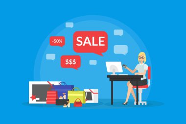 Çevrimiçi Alışveriş, Çevrimiçi Mağazada Mevsimlik Satış Yapan Genç Kadın, Alışveriş Torbalarıyla çevrili Masada oturan Kız Vector Illustration