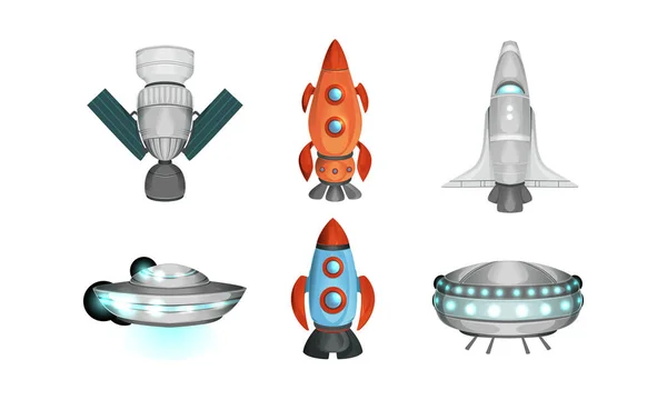 Set de Naves Espaciales, Cohete, Estación Espacial, Platillo OVNI, Nave Espacial Estilo Plano Vector Ilustración — Archivo Imágenes Vectoriales