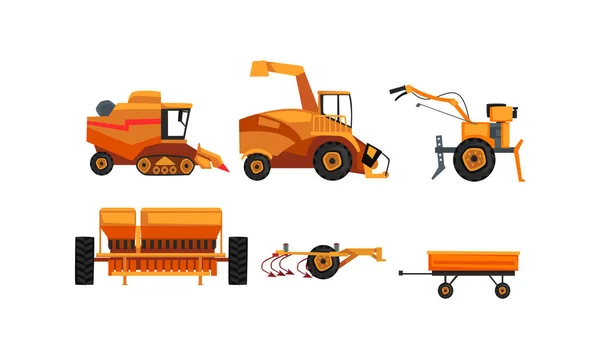 Landmaschinen-Set, landwirtschaftliche Fahrzeuge für die Landwirtschaftliche Verarbeitung Flache Vektor-Illustration — Stockvektor