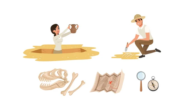 Archeologi che lavorano su scavi, uomo e donna scienziati con attrezzature professionali Set stile cartone animato illustrazione vettoriale — Vettoriale Stock