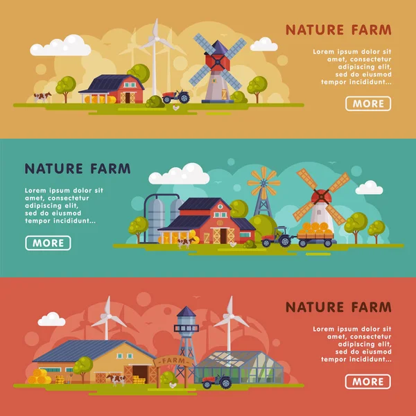 Doğa Çiftliği İniş Şablonları Set, Yaz Çiftliği Manzarası, Kırsal Manzara Web Sitesi, Ana Sayfa, Tarım ve Tarım Konsepti Vektörü Resimleri — Stok Vektör