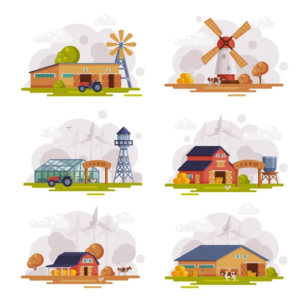 ( 영어 ) Farm Scenes Set, Country Buildings and Objects - Rural Landscape, Agriculture and Farming Concept Cartoon Vector Illustration — 스톡 벡터