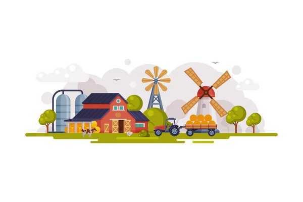 Scène de ferme avec maison de grange rouge, moulin à vent et éolienne, paysage rural estival, agriculture et agriculture Illustration vectorielle de dessin animé — Image vectorielle