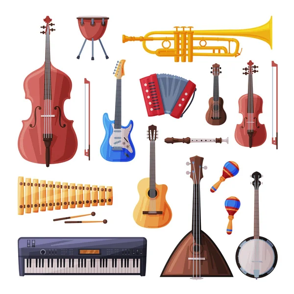 Conjunto de instrumentos musicais, Violoncelo, Violino, Guitarra, Balalaika, Tambor, Xilofone, Maracas, Piano Flat Style Vector Illustration —  Vetores de Stock