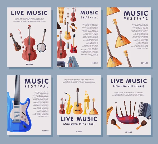 Music Festival Banner Tempates Set, Advertisement Poster, Brochure, Flyer, Invitation Card with Musical Instruments Vector Illustration — Stock Vector