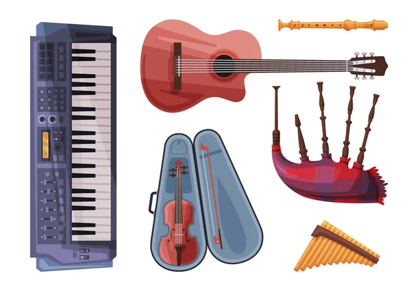 Conjunto de instrumentos musicais, harmônica, flauta, violino no caso, gaita de bagaço, clarinete, sintetizador de estilo plano Vector Ilustração —  Vetores de Stock