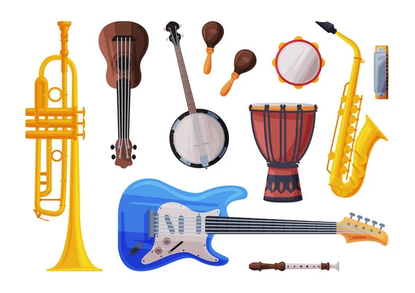 Muziekinstrumenten Set, Cello, Ukulele, Saxofoon, Harmonica, Maracas, Dwarsfluit, Saxofoon Flat Style Vector Illustratie — Stockvector