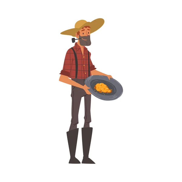 Male Prospector, Bearded Gold Miner Character Wearing Vintage Clothes and Hat Panning Golden Sand and Prills Cartoon Style Vector Illustration