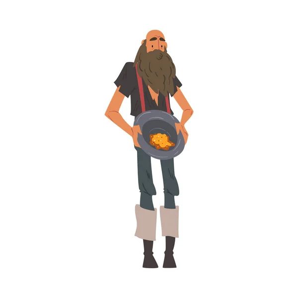 Prospettore maschio, personaggio barbuto minatore d'oro che indossa abiti vintage che tengono sabbia dorata e premi nella sua illustrazione vettoriale stile cartone animato cappello — Vettoriale Stock