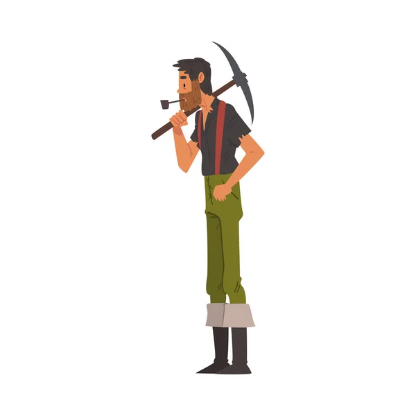 Hombre Prospector con Pickaxe, barbudo oro minero salvaje oeste carácter usar vintage ropa fumar tubería dibujos animados estilo vector ilustración — Archivo Imágenes Vectoriales