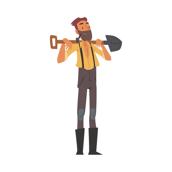 Prospettore maschio in piedi con pala, barbuto Gold Miner selvaggio West personaggio indossa abiti vintage stile cartone animato illustrazione vettoriale — Vettoriale Stock