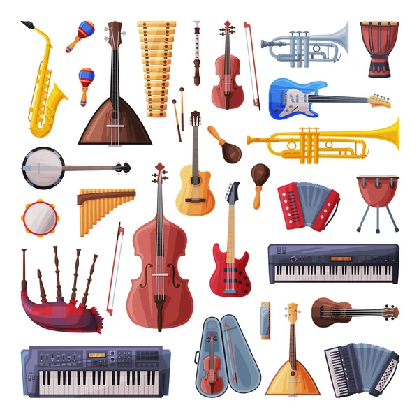 Musical Instruments Set, Cello, Violin, Guitar, Balalaika, Drum, Xylophone, Saxophone, Harmonica, Maracas, Synthesizer, Accordion Flat Style Vector Illustration — Stock Vector