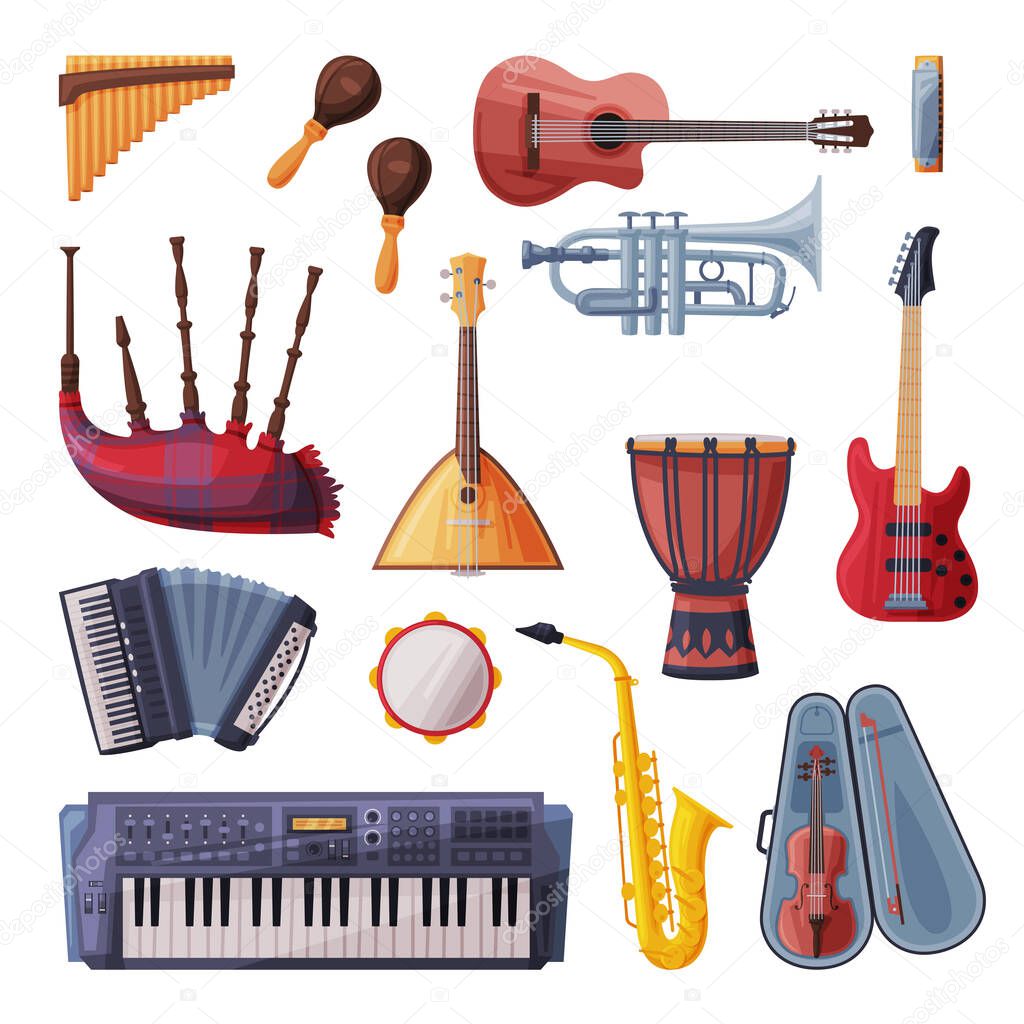 Musical Instruments Set, Cello, Violin, Guitar, Balalaika, Saxophone, Harmonica, Maracas, Piano, Accordion Flat Style Vector Illustration