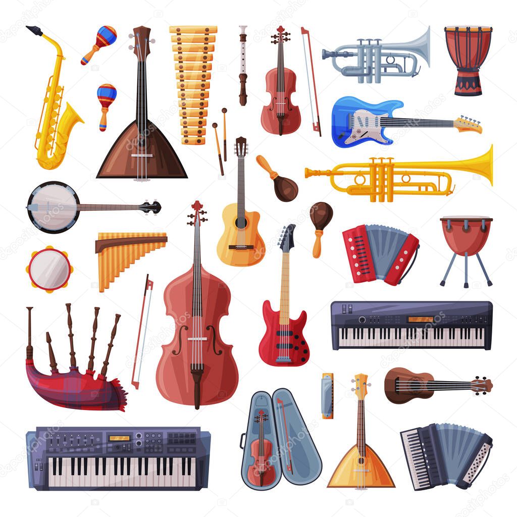 Musical Instruments Set, Cello, Violin, Guitar, Balalaika, Drum, Xylophone, Saxophone, Harmonica, Maracas, Synthesizer, Accordion Flat Style Vector Illustration