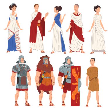 Roman Men and Women in Traditional Clothes Collection, Ancient Rome Citizens and Legionnaires Characters Vector Illustration clipart