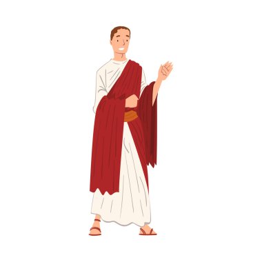 Roma İmparatoru Geleneksel Giysiler, Antik Roma Vatandaş Karakteri Kırmızı Toga ve Beyaz Tunik ve Sandals Vector Illustration
